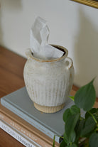 Decorative tissue holder vase, placed on books with a plant and framed pictures in the background.
